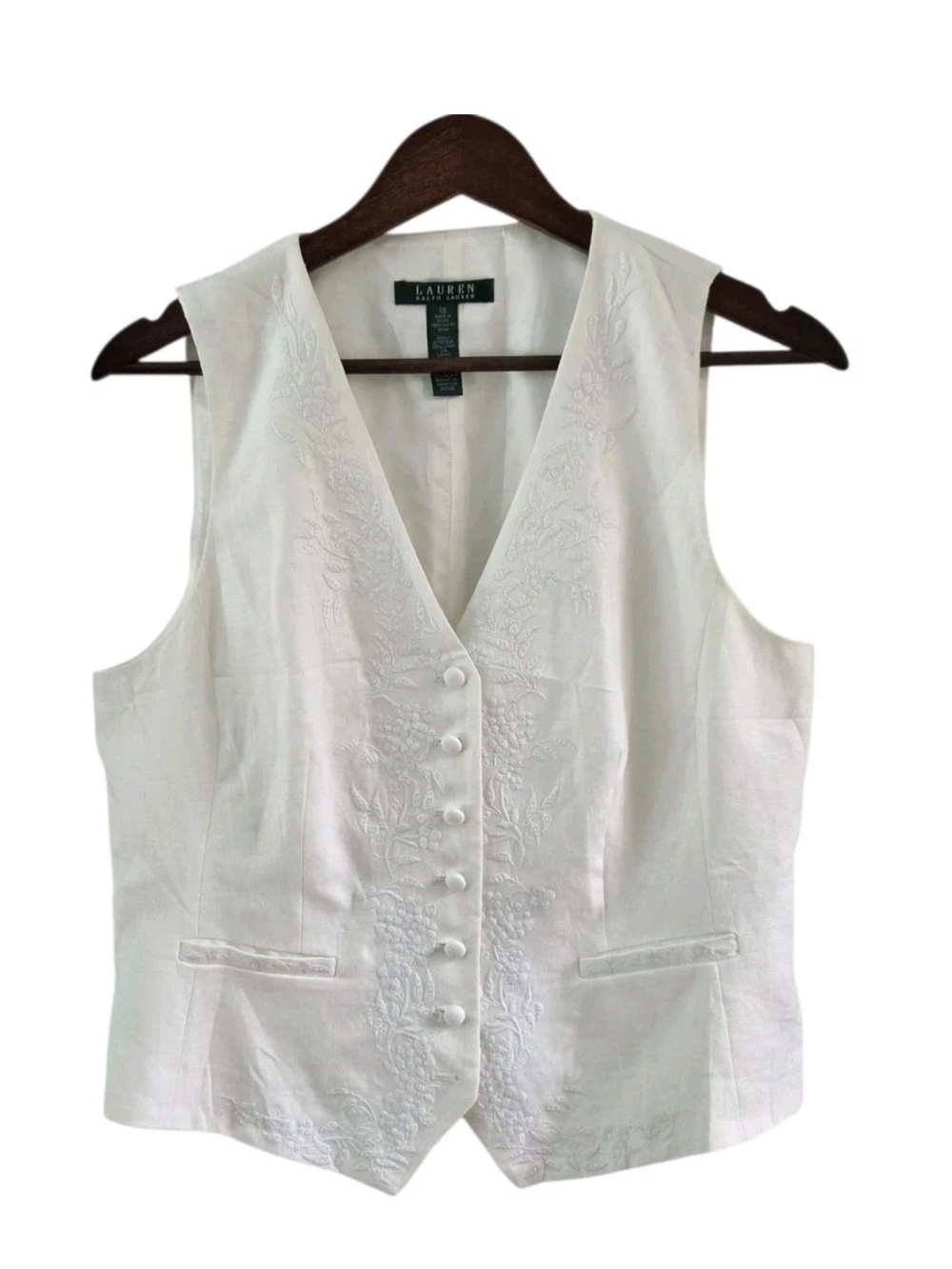 Lauren Ralph Lauren White Linen Embroidered Button Front Vest Womens Size 10